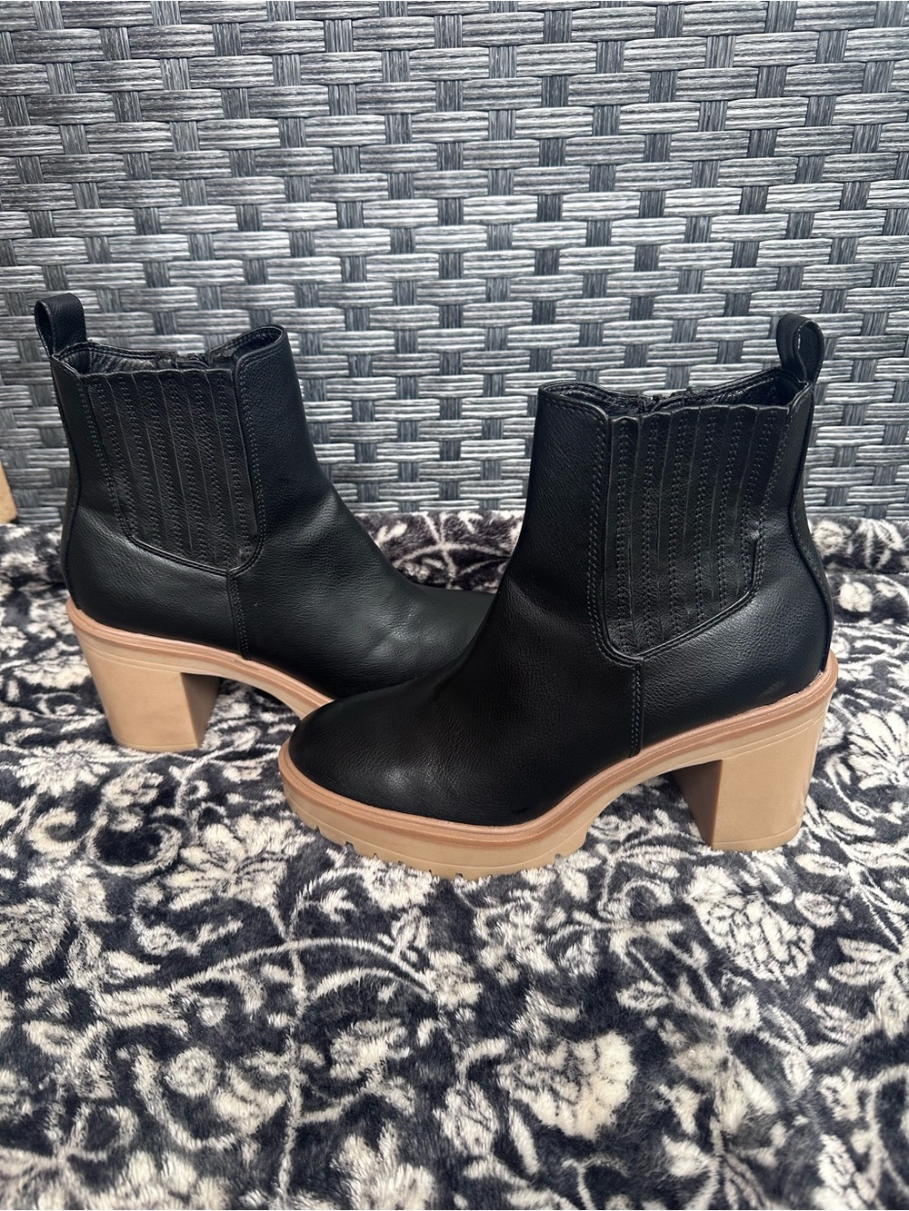 DV by Dolce Vita Black Leather Chelsea Boots with Tan Block Heel